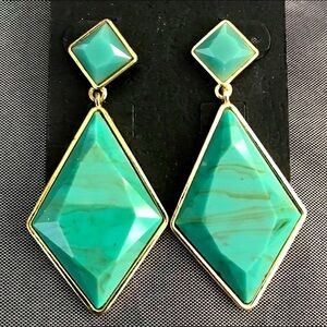 NWT • Green-Aqua & Gold Geometric Drop Earrings with Stud Post Backs 💎
